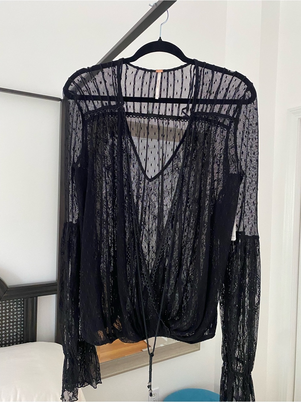 NWT Free People Black Sheer Lace V-Neck Long-Sleeve Blouse